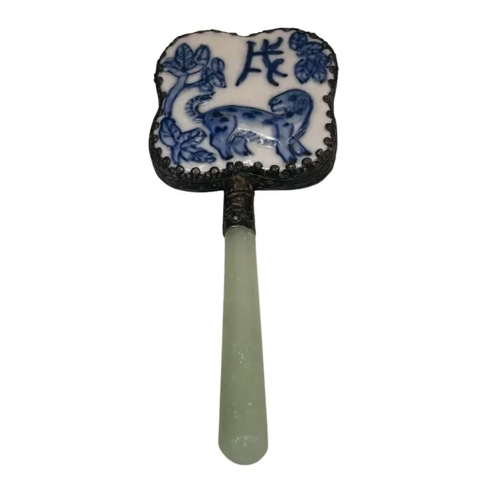 Vtg Chinese Hand Mirror Rounded Corner Squircle W/ Jade Handle & Porcelain Back